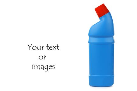 blue bottle with cleaning fluid and a red cap on a white background の写真素材