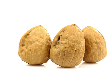 three tasty walnuts on a white background 