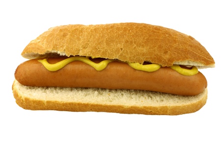one freshly homemade hot dog with mustard on a white background の写真素材