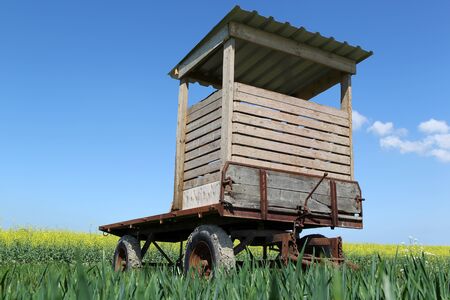 landscape with colza field and potato storage wagon against blue skyの写真素材