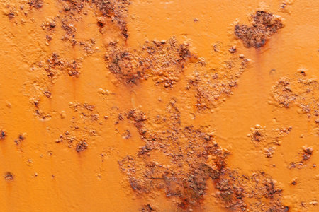 orange painted hull of a ship with rust coming through の写真素材