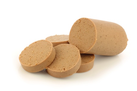 pieces of traditional Dutch liver sausage on a white background の写真素材