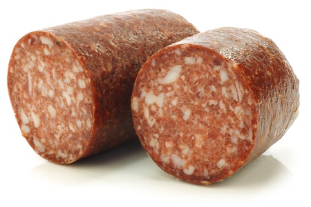 pieces of traditional dutch sausage called  boerenmetworst  on a white backgroundの写真素材