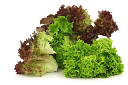 assorted lettuce in a wooden box on a white background の写真素材