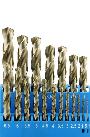 set of hardened steel metal drill bits in a blue plastic box on a white background の写真素材