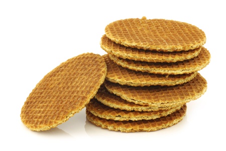  Dutch waffle called a stroopwafel on a white backgroundの写真素材