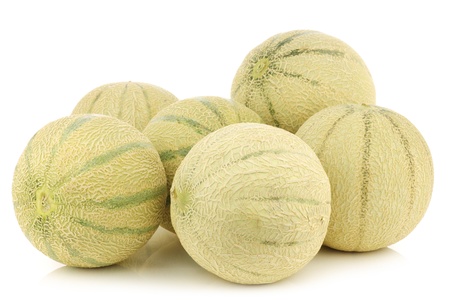 bunch of cantaloupe melons on a white backgroundの写真素材