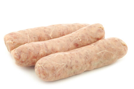 Traditional sausage called "bratwurst" on a white backgroundの写真素材