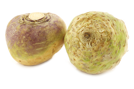 fresh turnip (Brassica rapa rapa) and a celery root(Apium graveolens var. rapaceum) on a white backgroundの写真素材