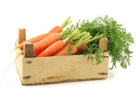 freshly harvested bunch of carrots in a wooden box on a white backgroundの写真素材