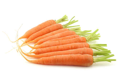 freshly harvested bunch of carrots on a white backgroundの写真素材