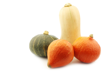 Orange, green and a butternut pumpkin on a white backgroundの写真素材