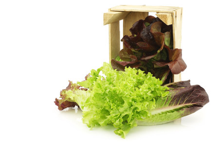 Fresh romaine and red lettuce in a wooden crate on a white backgroundの写真素材