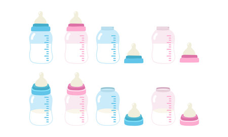 Vector set of blue and pink baby bottle and nipple clipart. Baby bottles for boys and girls flat vector illustration. Feeding bottle and nipples cartoon style. Kids, newbornのイラスト素材