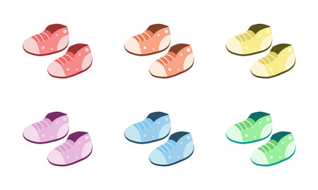Vector set of colorful baby shoes clipart. Simple cute green baby shoes or sneakers flat vector illustration. Booties, baby shoes cartoon style. Kids, baby shower, newbornのイラスト素材