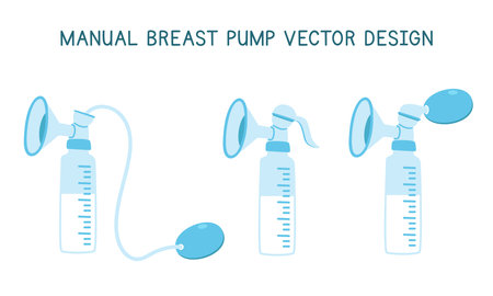 Vector set of breast pump clipart. Simple cute manual breast pump with breast milk flat vector illustration isolated on white background. Equipment for breastfeeding mother, babyのイラスト素材
