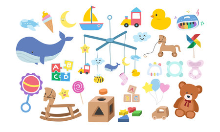 Vector set of kids toys clipart. Simple cute baby toys flat vector illustration. Children toys rubber duck, baby mobile, piano, shape sorter, teddy bear, baby blocks, rattleのイラスト素材