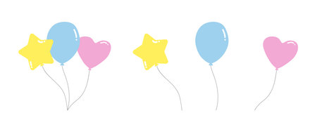 Vector set of baby balloons clipart. Simple cute balloons with different colors and shapes flat vector illustration. Star shaped, round, heart shaped balloon cartoon styleのイラスト素材