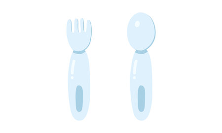 Set of fork and spoon for baby clipart. Soft baby weaning fork and spoon flat vector illustration. Simple children eating utensils cartoon style icon. Kids, baby shower conceptのイラスト素材