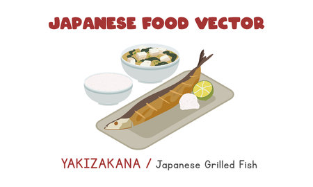 Japanese Yakizakana - Japanese Grilled Fish with daikon radish, bowl of rice and miso soup flat vector design illustration, clipart cartoon style. Asian food. Japanese cuisineのイラスト素材