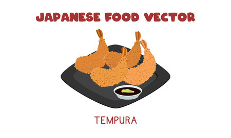 Japanese Tempura - Japanese deep fried shrimp tempura with mustard dipping sauce flat vector design illustration, clipart cartoon style. Asian food. Japanese cuisine. Japanese foodのイラスト素材
