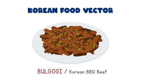 Korean Bulgogi - Korean BBQ Beef flat vector design illustration, clipart cartoon style. Asian food. Korean cuisine. Korean foodのイラスト素材