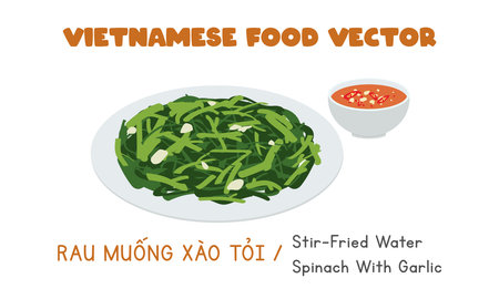 Vietnamese stir-fried water spinach with garlic flat vector design. Rau Muong Xao Toi clipart cartoon style. Asian food. Vietnamese cuisineのイラスト素材