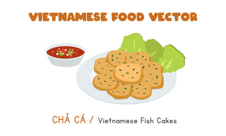 Vietnamese grilled fishcakes or fish cakes flat vector design. Cha Ca clipart cartoon style. Asian food. Vietnamese cuisineのイラスト素材