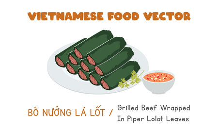 Vietnamese grilled minced beef wrapped in piper lolot leaves flat vector design. Bo Nuong La Lot clipart cartoon style. Asian food. Vietnamese cuisine. Vietnam foodのイラスト素材