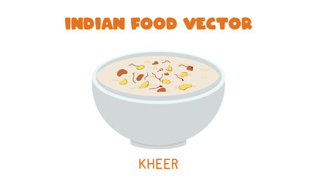 Indian Kheer or Payasam - Indian sweet rice pudding flat vector illustration isolated on white background. Kheer clipart cartoon. Asian food. Indian cuisine. Indian foodのイラスト素材