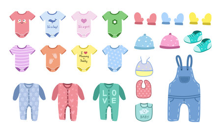 Vector set of baby clothes clipart. Simple cute baby bodysuit, jumpsuit, sleepsuit, romper, denim overalls, bib, gloves, shoes, hats flat vector illustration. Children clothesのイラスト素材