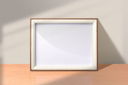 Blank picture frame on wooden table in room. Small landscape photo frame mockup. Wooden frame mockup...