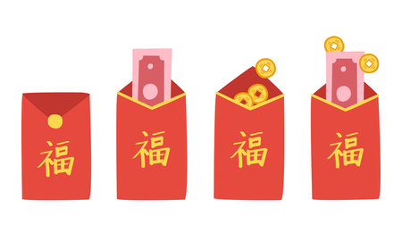 Vector set of Chinese New Year red envelope clipart. Simple red envelope with paper Lucky Money and coins flat illustration cartoon drawing. Chinese text meaning "Good Luck"のイラスト素材
