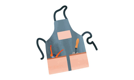 Garden apron with gardening tools trowel and pruners in the pockets watercolor hand drawn isolated on white background. Garden apron clipart drawing. Farming and gardening workingのイラスト素材