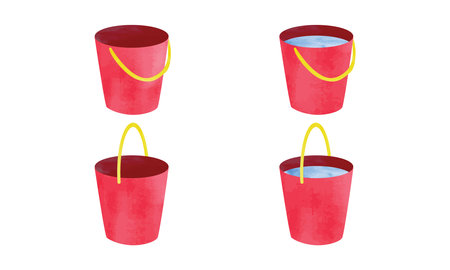 Simple plastic buckets set watercolor hand drawn vector illustration isolated on white background. Red plastic bucket clipart. Empty bucket and water bucket cartoon drawingのイラスト素材