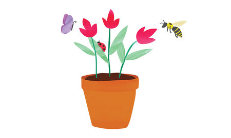 Flower pot with colorful flowers, bee, ladybug and butterfly watercolor drawing isolated on white background. Flowerpot clipart. Brown plastic flower pot cartoon style hand drawnのイラスト素材