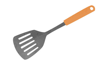 Simple kitchen spatula with wooden handle watercolor vector illustration isolated on white background. Slotted spatula clipart. Kitchen turner cartoon style. Spatula hand drawnのイラスト素材