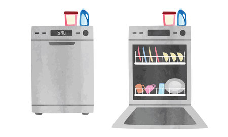Set of dishwasher watercolor style vector illustration isolated on white background. Simple dishwasher clipart. Closed and opened modern dishwasher front view cartoon drawingのイラスト素材