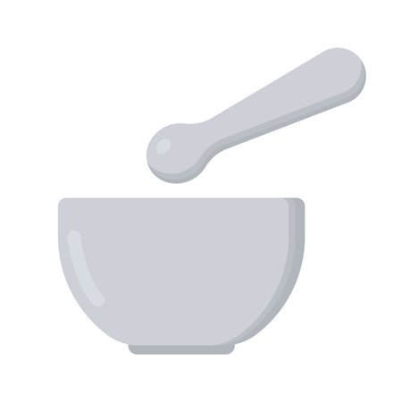 Mortar and pestle clipart vector illustration. Mortar and pestle flat design. Metal mortar and pestle sign icon. White mortar with pestle cartoon clipart. Medical, householdのイラスト素材