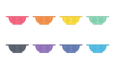 Set of colorful colander clipart vector illustration. Simple enameled colanders for draining flat style vector design. Metal colander sign icon. Colander cartoon clipartのイラスト素材