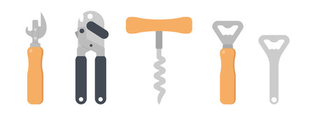 Set of bottle opener clipart vector illustration. Can opener, bottle opener bottle cap and corkscrew flat vector design. Opener sign icon. Bottle openers cartoon clipartのイラスト素材