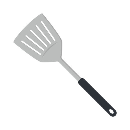 Kitchen spatula clipart vector illustration. Slotted spatula flat vector design. Kitchen spatula icon isolated on white. Metal spatula with plastic handle cartoon clipartのイラスト素材