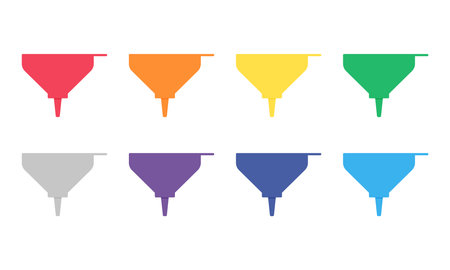 Set of colorful plastic funnels clipart vector illustration. Simple kitchen plastic funnel with handle for pouring flat vector design. Kitchen funnel clipart icon. Kitchen utensilsのイラスト素材