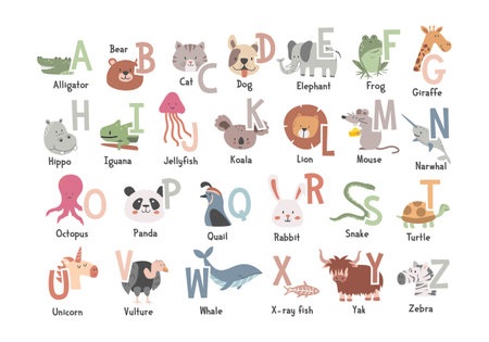 Cute animal alphabet for kids education, flat vector illustration. Zoo Alphabet Animals. Letters from A to Z with animals clipart funny cartoon hand drawn style. Alligator, Iguanaのイラスト素材