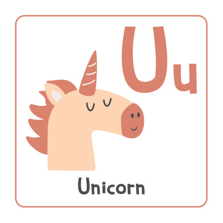 Unicorn clipart. Unicorn vector illustration cartoon flat style. Animals start with letter U. Animal alphabet card. Learning letter U card. Kids education. Cute unicorn vectorのイラスト素材