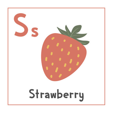 Strawberry clipart. Strawberry vector illustration cartoon flat style. Fruits start with letter S. Fruit alphabet card. Learning letter S card. Kids education. Cute strawberryのイラスト素材