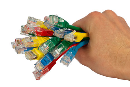 Human Hand Holding Bunch of Colored Network Plugs and Cables Isolated on Whiteの写真素材