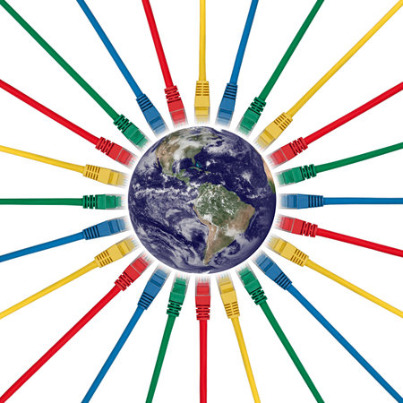 Network cable connection plugs connected to an Earth's western hemisphere - Americas  (Earth map...