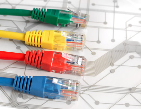 Four Multi Colored Network Cables. Red, Yellow, Green, Blue Color. Cables are lying on top of White...