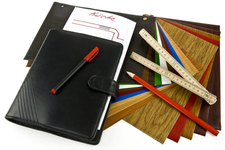 Facings for kitchen furniture, with a pencil, a ruler and a notebook depicted on a white background.